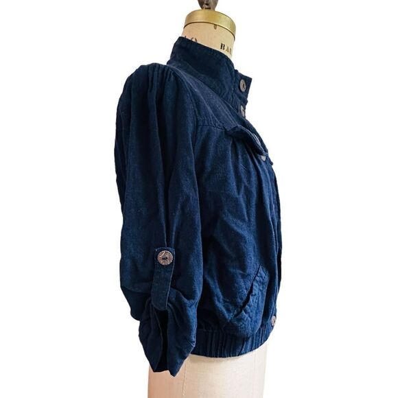 Mine Blue Cotton Linen Blend Cropped 3/4 roll sleeve jacket Size Junior Large - Picture 3 of 12